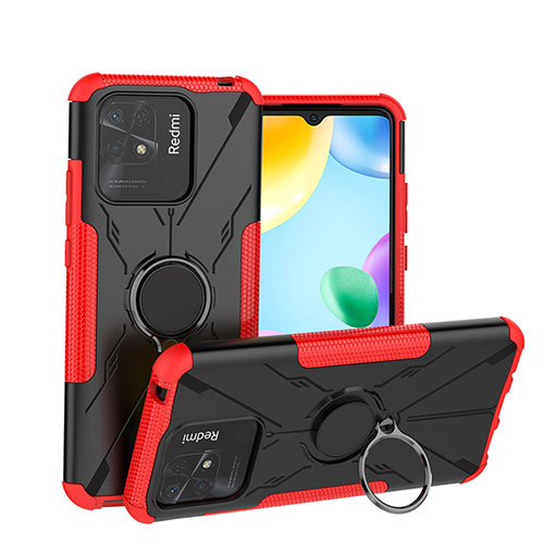 Silicone Matte Finish and Plastic Back Cover Case with Magnetic Finger Ring Stand JX1 for Xiaomi Redmi 10 India Red