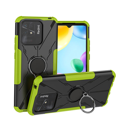 Silicone Matte Finish and Plastic Back Cover Case with Magnetic Finger Ring Stand JX1 for Xiaomi Redmi 10 Power Green