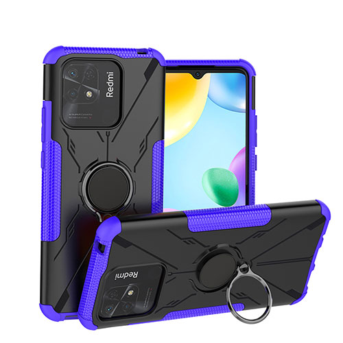 Silicone Matte Finish and Plastic Back Cover Case with Magnetic Finger Ring Stand JX1 for Xiaomi Redmi 10 Power Purple