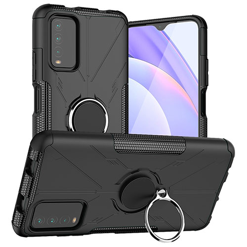 Silicone Matte Finish and Plastic Back Cover Case with Magnetic Finger Ring Stand JX1 for Xiaomi Redmi 9 Power Black