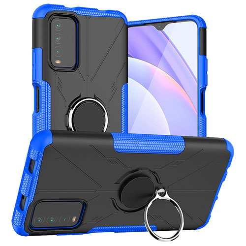 Silicone Matte Finish and Plastic Back Cover Case with Magnetic Finger Ring Stand JX1 for Xiaomi Redmi 9 Power Blue