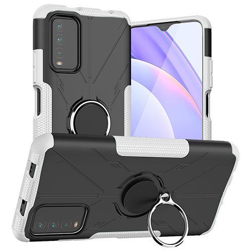 Silicone Matte Finish and Plastic Back Cover Case with Magnetic Finger Ring Stand JX1 for Xiaomi Redmi 9 Power Silver