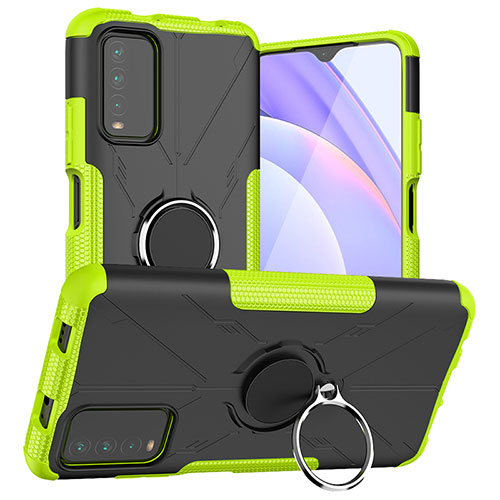 Silicone Matte Finish and Plastic Back Cover Case with Magnetic Finger Ring Stand JX1 for Xiaomi Redmi 9T 4G Green