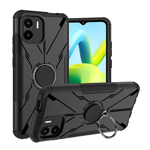 Silicone Matte Finish and Plastic Back Cover Case with Magnetic Finger Ring Stand JX1 for Xiaomi Redmi A1 Black