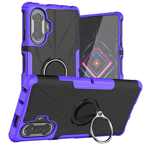 Silicone Matte Finish and Plastic Back Cover Case with Magnetic Finger Ring Stand JX1 for Xiaomi Redmi K40 Gaming 5G Purple