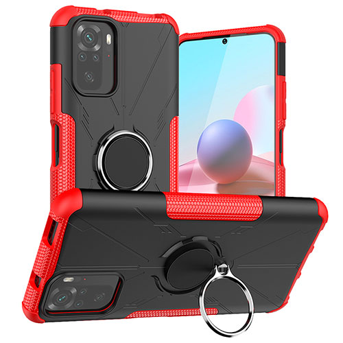 Silicone Matte Finish and Plastic Back Cover Case with Magnetic Finger Ring Stand JX1 for Xiaomi Redmi Note 10 4G Red