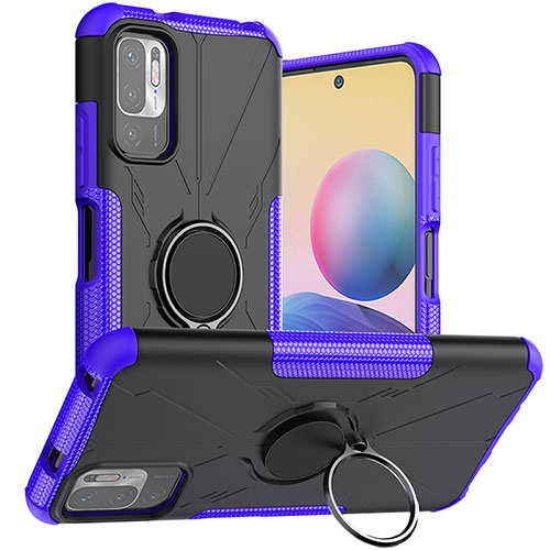 Silicone Matte Finish and Plastic Back Cover Case with Magnetic Finger Ring Stand JX1 for Xiaomi Redmi Note 10 5G Purple