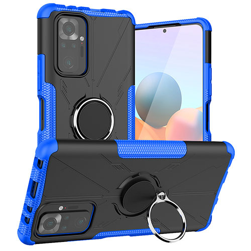 Silicone Matte Finish and Plastic Back Cover Case with Magnetic Finger Ring Stand JX1 for Xiaomi Redmi Note 10 Pro 4G Blue