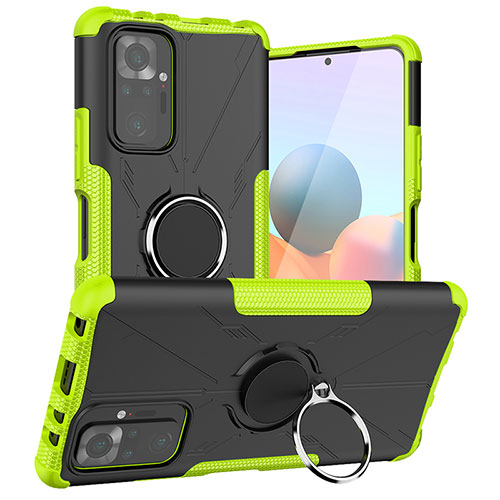 Silicone Matte Finish and Plastic Back Cover Case with Magnetic Finger Ring Stand JX1 for Xiaomi Redmi Note 10 Pro 4G Green