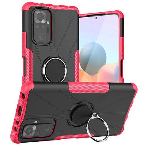 Silicone Matte Finish and Plastic Back Cover Case with Magnetic Finger Ring Stand JX1 for Xiaomi Redmi Note 10 Pro 4G Hot Pink