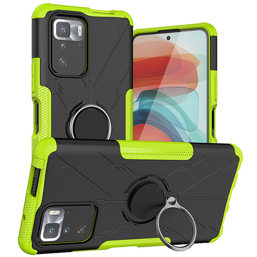 Silicone Matte Finish and Plastic Back Cover Case with Magnetic Finger Ring Stand JX1 for Xiaomi Redmi Note 10 Pro 5G Green