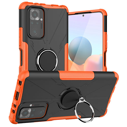 Silicone Matte Finish and Plastic Back Cover Case with Magnetic Finger Ring Stand JX1 for Xiaomi Redmi Note 10 Pro Max Orange