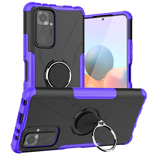 Silicone Matte Finish and Plastic Back Cover Case with Magnetic Finger Ring Stand JX1 for Xiaomi Redmi Note 10 Pro Max Purple