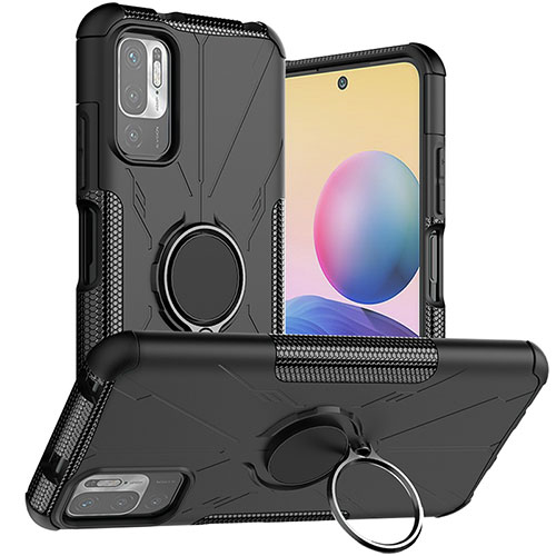 Silicone Matte Finish and Plastic Back Cover Case with Magnetic Finger Ring Stand JX1 for Xiaomi Redmi Note 10T 5G Black