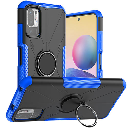 Silicone Matte Finish and Plastic Back Cover Case with Magnetic Finger Ring Stand JX1 for Xiaomi Redmi Note 10T 5G Blue
