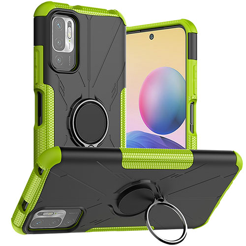 Silicone Matte Finish and Plastic Back Cover Case with Magnetic Finger Ring Stand JX1 for Xiaomi Redmi Note 10T 5G Green