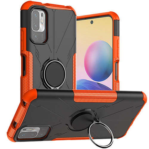 Silicone Matte Finish and Plastic Back Cover Case with Magnetic Finger Ring Stand JX1 for Xiaomi Redmi Note 10T 5G Orange