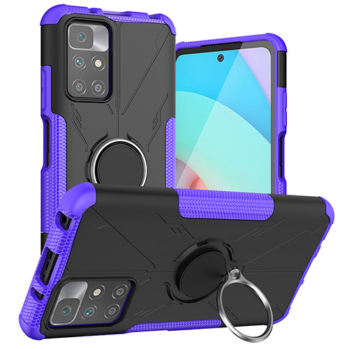 Silicone Matte Finish and Plastic Back Cover Case with Magnetic Finger Ring Stand JX1 for Xiaomi Redmi Note 11 4G (2021) Purple