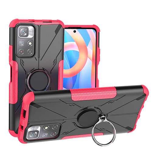 Silicone Matte Finish and Plastic Back Cover Case with Magnetic Finger Ring Stand JX1 for Xiaomi Redmi Note 11 5G Hot Pink