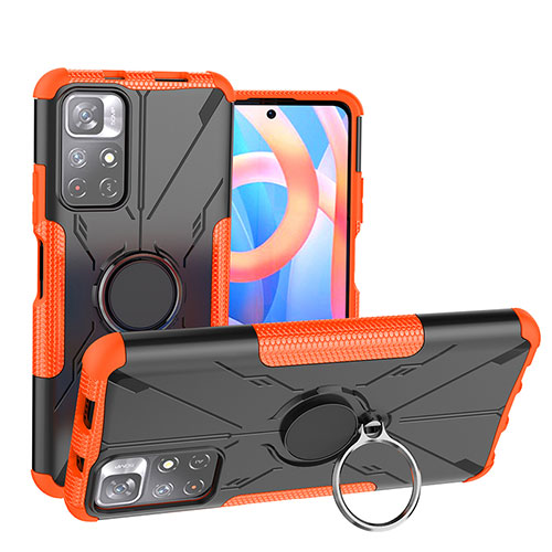 Silicone Matte Finish and Plastic Back Cover Case with Magnetic Finger Ring Stand JX1 for Xiaomi Redmi Note 11 5G Orange