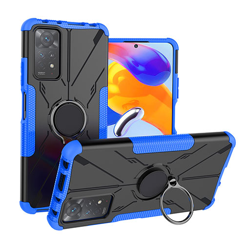 Silicone Matte Finish and Plastic Back Cover Case with Magnetic Finger Ring Stand JX1 for Xiaomi Redmi Note 11 Pro 4G Blue