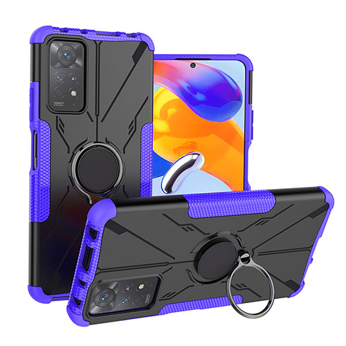 Silicone Matte Finish and Plastic Back Cover Case with Magnetic Finger Ring Stand JX1 for Xiaomi Redmi Note 11 Pro 4G Purple