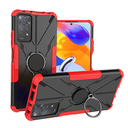 Silicone Matte Finish and Plastic Back Cover Case with Magnetic Finger Ring Stand JX1 for Xiaomi Redmi Note 11 Pro 4G Red