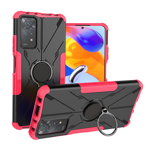 Silicone Matte Finish and Plastic Back Cover Case with Magnetic Finger Ring Stand JX1 for Xiaomi Redmi Note 11 Pro 5G Hot Pink