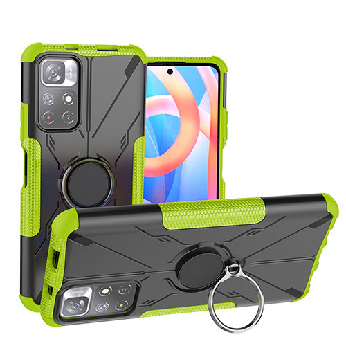 Silicone Matte Finish and Plastic Back Cover Case with Magnetic Finger Ring Stand JX1 for Xiaomi Redmi Note 11T 5G Green
