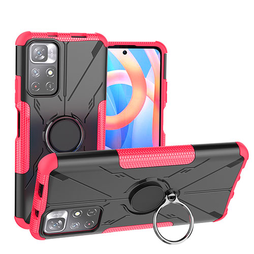 Silicone Matte Finish and Plastic Back Cover Case with Magnetic Finger Ring Stand JX1 for Xiaomi Redmi Note 11T 5G Hot Pink