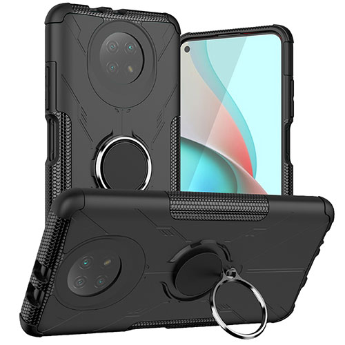 Silicone Matte Finish and Plastic Back Cover Case with Magnetic Finger Ring Stand JX1 for Xiaomi Redmi Note 9 5G Black