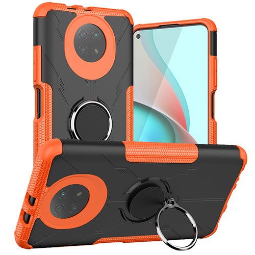 Silicone Matte Finish and Plastic Back Cover Case with Magnetic Finger Ring Stand JX1 for Xiaomi Redmi Note 9 5G Orange