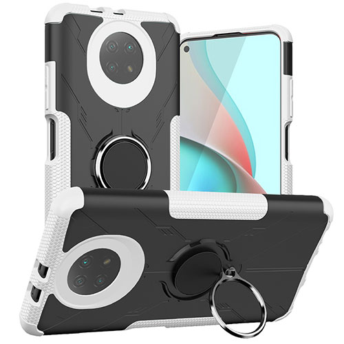 Silicone Matte Finish and Plastic Back Cover Case with Magnetic Finger Ring Stand JX1 for Xiaomi Redmi Note 9 5G Silver