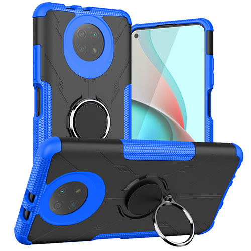 Silicone Matte Finish and Plastic Back Cover Case with Magnetic Finger Ring Stand JX1 for Xiaomi Redmi Note 9T 5G Blue