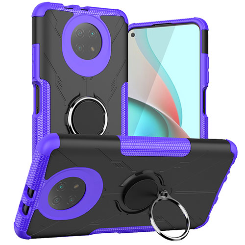 Silicone Matte Finish and Plastic Back Cover Case with Magnetic Finger Ring Stand JX1 for Xiaomi Redmi Note 9T 5G Purple