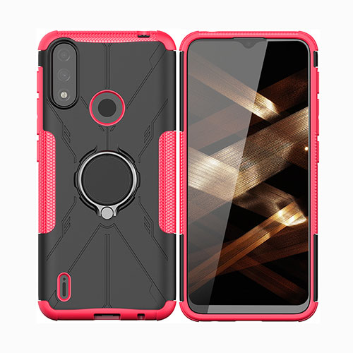 Silicone Matte Finish and Plastic Back Cover Case with Magnetic Finger Ring Stand JX2 for Motorola Moto E7 Power Hot Pink