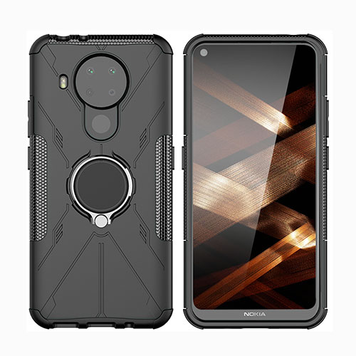Silicone Matte Finish and Plastic Back Cover Case with Magnetic Finger Ring Stand JX2 for Nokia 5.4 Black