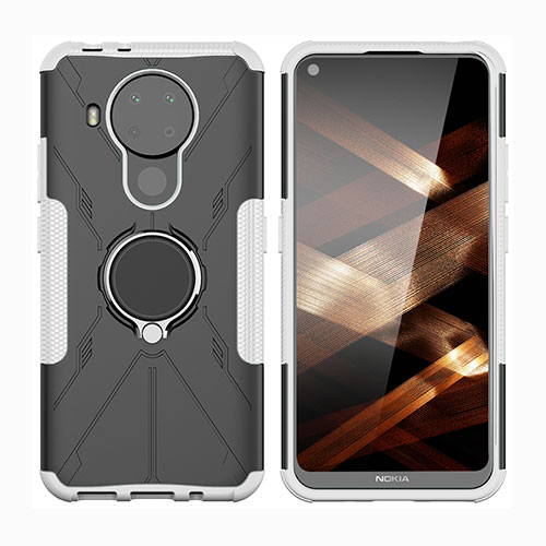 Silicone Matte Finish and Plastic Back Cover Case with Magnetic Finger Ring Stand JX2 for Nokia 5.4 Silver