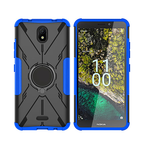 Silicone Matte Finish and Plastic Back Cover Case with Magnetic Finger Ring Stand JX2 for Nokia C100 Blue