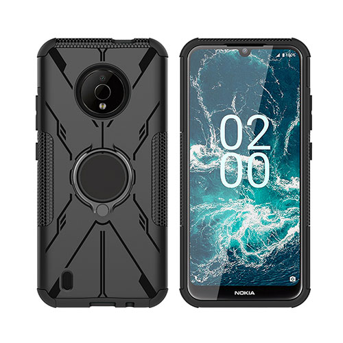 Silicone Matte Finish and Plastic Back Cover Case with Magnetic Finger Ring Stand JX2 for Nokia C200 Black