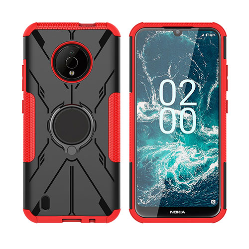 Silicone Matte Finish and Plastic Back Cover Case with Magnetic Finger Ring Stand JX2 for Nokia C200 Red