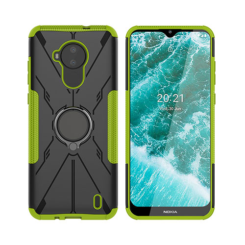 Silicone Matte Finish and Plastic Back Cover Case with Magnetic Finger Ring Stand JX2 for Nokia C30 Green