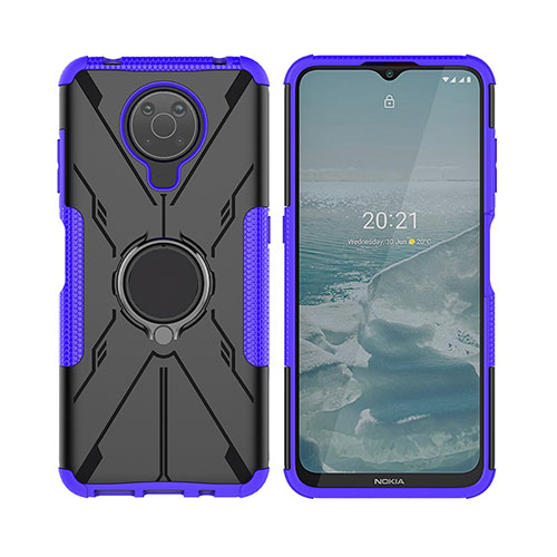 Silicone Matte Finish and Plastic Back Cover Case with Magnetic Finger Ring Stand JX2 for Nokia G10 Purple