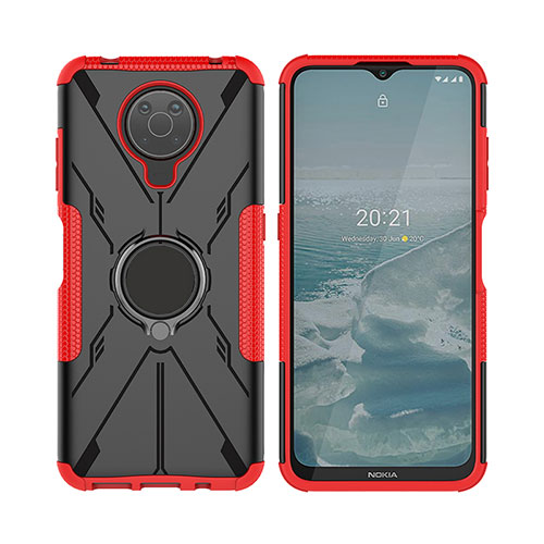 Silicone Matte Finish and Plastic Back Cover Case with Magnetic Finger Ring Stand JX2 for Nokia G10 Red