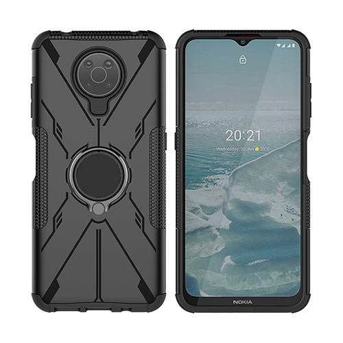 Silicone Matte Finish and Plastic Back Cover Case with Magnetic Finger Ring Stand JX2 for Nokia G20 Black