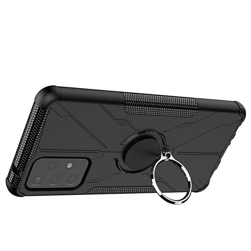 Silicone Matte Finish and Plastic Back Cover Case with Magnetic Finger Ring Stand JX2 for Samsung Galaxy A72 4G Black