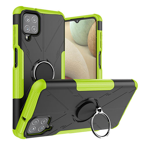 Silicone Matte Finish and Plastic Back Cover Case with Magnetic Finger Ring Stand JX2 for Samsung Galaxy F12 Green