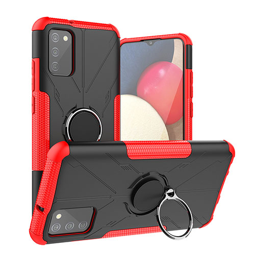 Silicone Matte Finish and Plastic Back Cover Case with Magnetic Finger Ring Stand JX2 for Samsung Galaxy M02s Red