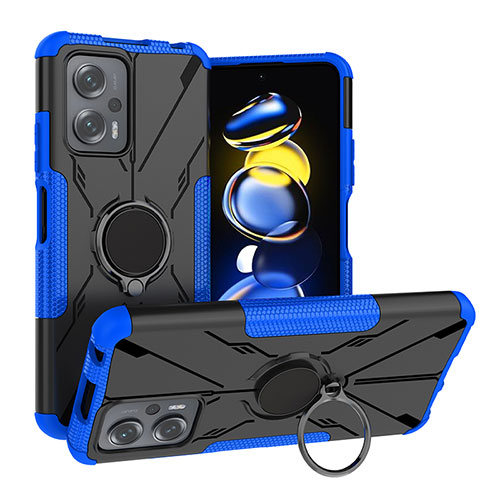 Silicone Matte Finish and Plastic Back Cover Case with Magnetic Finger Ring Stand JX2 for Xiaomi Poco X4 GT 5G Blue