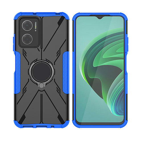 Silicone Matte Finish and Plastic Back Cover Case with Magnetic Finger Ring Stand JX2 for Xiaomi Redmi 10 5G Blue